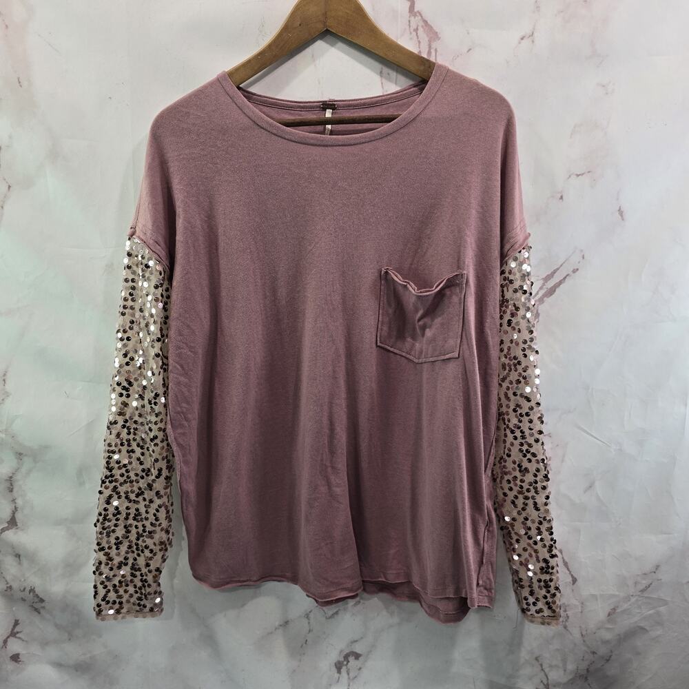 Free People Shirt Womens XS Pink Sequin Long Sleeve Oversized Pocket Crew Celine